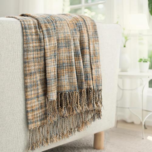 Chenille Throw Blanket for Couch with Tassels,60X80 Soft Lightweight Knitted Boho Decorative Blankets for Bed and Sofa,Blue and Yellow