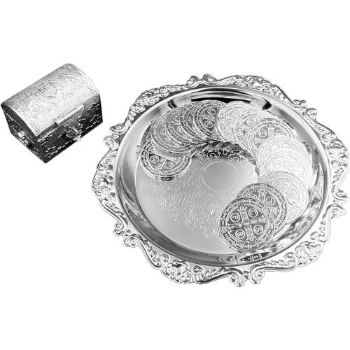 EHV Silver Plated Arras para Boda Wedding Unity Coins with Tray and Treasure Box, Classic Arras Matrimoniales Ceremony, Beautiful Gift Set Marriage (San Benito)