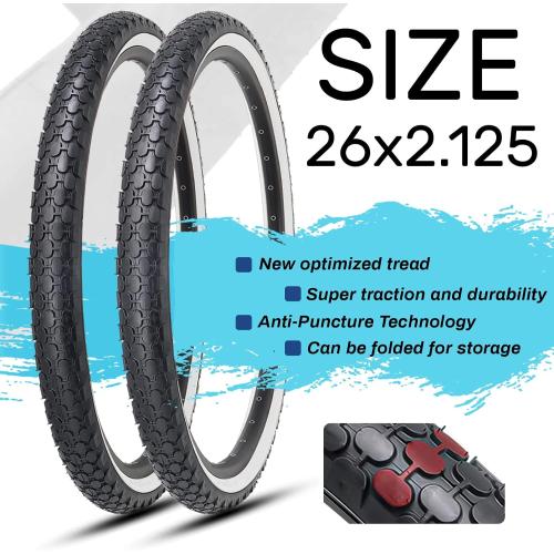 Hycline 2-Pack Cruiser Bike Tires Set: 24/26x2.125 inch Folding Replacement High-Performance Wear-Resistant Tires with Inner Tubes & Tire Levers for Beach & Urban Commuter Bikes
