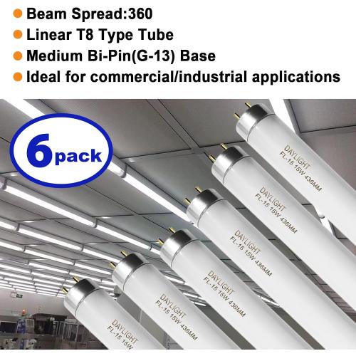 F15T8/DL 18 Inches T8 15 Watt Fluorescent Tube Compatible for Sylvania GE Eiko F15/T8/D Daylight 6500K G13 Bi-Pin Base 6 Count