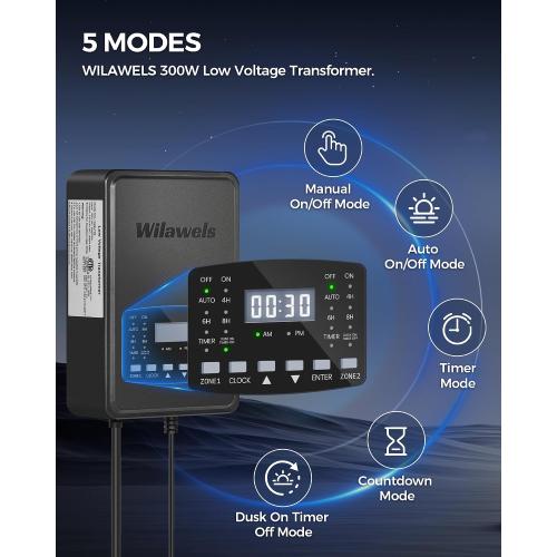 300W Low Voltage Landscape Transformer, 2 Zone Independent Control Landscape Lighting Transformer, 120VAC to 12/14V AC Low Voltage Transformer with Timer & Photocell Sensor ETL Listed D22LT06