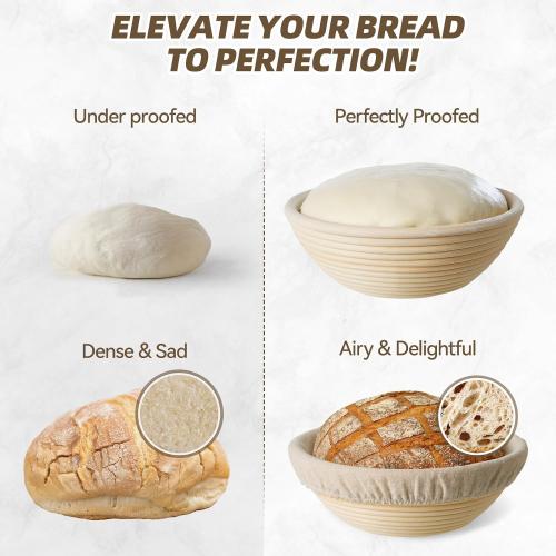 Kikcoin 9 & 10 Banneton Bread Proofing Basket Set, Round Banneton Basket for Sourdough Baking, Baking Supplies with Linen Liner, Bread Lame & Dough Whisk, Sourdough Proofing Tools