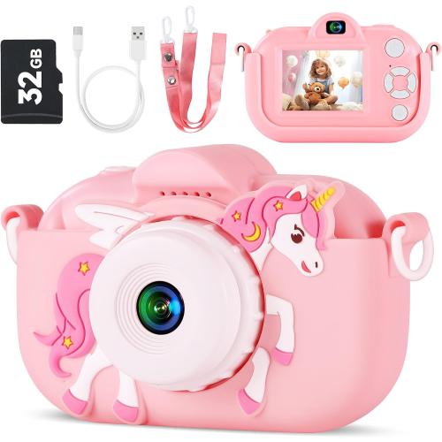 Kids Camera Toys for Ages 3 4 5 6 7 8 9 Girls, 48MP Dual Lens Toddler Digital Camera Christmas Birthday Gift, Kids Selfie Camera with 32G SD Card, Silicone Cover