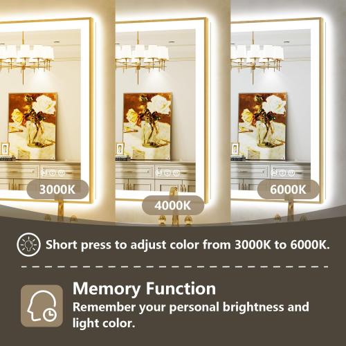 48x32 Inch LED Bathroom Mirror with Lights (Front Lit and Backlit) Gold Framed Lighted Vanity Mirror for Bathroom Wall Dimmable Anti-Fog Memory Tempered Glass Horizontal/Vertical