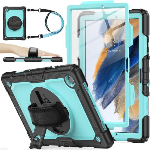SEYMAC stock Case for Samsung Galaxy Tab A8 10.5'', Full-Body Drop Protection Case with Screen Protector Pencil Holder [360° Rotating Hand Strap] &Stand, SkyBlue Black