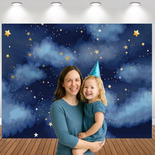 Stars Backdrop Night Sky Backdrop Twinkle Little Star Photography Background Blue Themed Happy 1st Birthday Party Banner Newborn Baby Shower Child Kids Portrait Photo Studio Props 7x5FT Vinyl