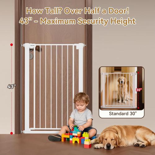 43 inch Tall Safety Dog Gate Adjustable 29.7-45.2 inch Extra-Wide Metal Pet Gate Drill-Free Pressure-Mount Installation kit Self-Closing Cat Gate for Stairwells、Doorways（White）