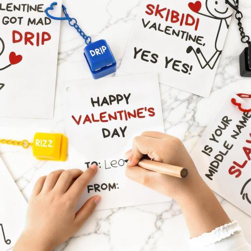 Valentine's Day School Cards for Kids - 24 Slang Cards with 8 Keyboard Keychains - Perfect for Valentine's Day Class Exchange Gifts for Boys, Girls, and Teenagers