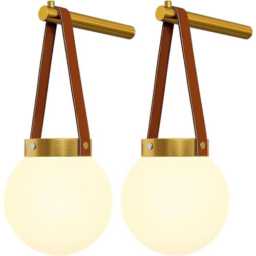 Battery Operated Wall Sconces Set of 2, Gold Wall Lamps for Bedroom with Remote Control Warm/Natural/Daylight/RGB 15 Colors Dimmable Rechargeable Wireless Globe Wall Lights Retro Living Room Hallway