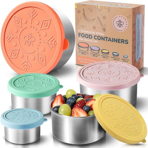 Everusely - Stainless Steel Containers with Lids - Set of 5, Bright Collection - Leakproof Stainless Steel Food Containers - Nesting Snack Holders - Metal Lunch Box - Portable & Reusable Meal Kit