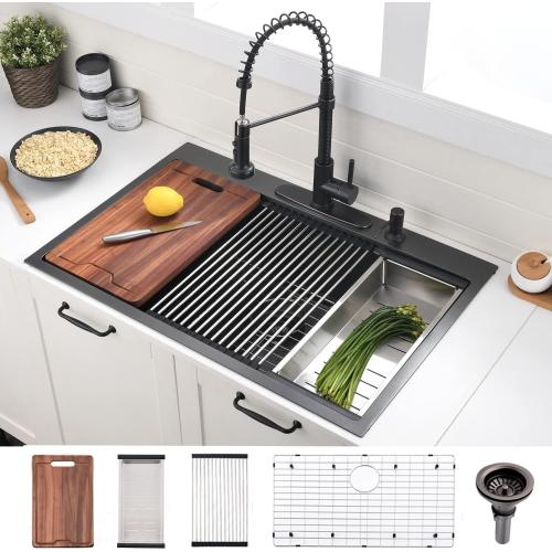 33 Inch Black Drop In Kitchen Sink Workstation - VOKIM 33x22-Inch Drop In Sink Stainless Steel Top Mount 16 Gauge Single Bowl 10'' Deep Handmade Kitchen sink with Cutting Board& Strainer