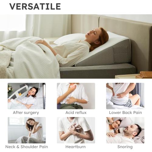 Bedluxe Wedge Pillow, 8 inch Bed Wedge Pillow for Headboard, Pillow Wedge for Acid Reflux Relief, Sleeping, After Surgery, Snoring, Gerd, Triangle Pillow Wedge - Cooling Memory Foam Top, White/Grey