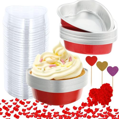 CIEOVO 28 Pack Heart Shaped Cake Pans with Spoons Baking Kit, 255ml/8.7oz Disposable Red Cake Pans with Lids Aluminum Heart Cake Pans for Valentine's Day Mother's Day Wedding Bridal Shower Baking