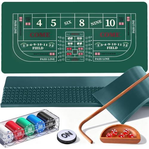 NEWTRY Craps Game Set: 35”×70” Craps Tabletop Layout, 48x11”Rubber Diamond Pyramid Bumper, 36” Rattan Stick, 5pcs Professional dice, 100 pcs Chips & ON/Off Buttons for Game Nights Party Camping