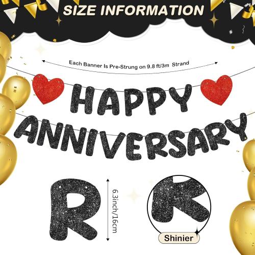 Fulmoon Happy Anniversary Banner Glitter Pre Strung No Dly, Black