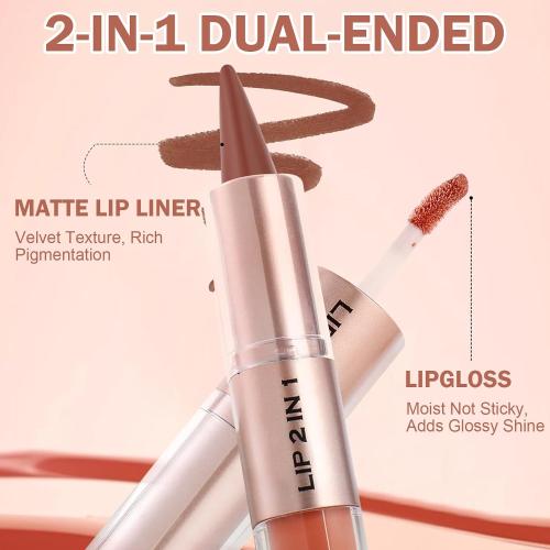 Lip Liner & Gloss Lipstick Combo - 2 in 1 Dual-Ended Lip Combo Set, Black Velvet Matte Lip Liner & Buildable Clear Mirror Glowy Lip Gloss Kit for Women, Long Wear Shiny Plumping Finish, 01
