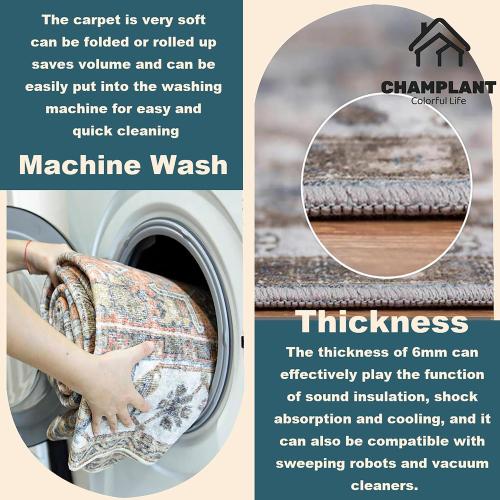 CHAMPLANT Washable Area Rug 9'x12' Deep Khaki Retro Flowers Boho Design Non-Shedding Easy Care Ideal for High Traffic Areas in Living Room Bedroom Office Coffee Table Kitchen Large Carpet