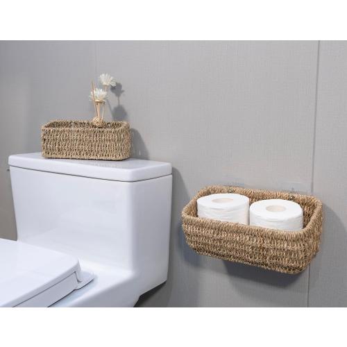 Ellinia Woven Hanging Wall Basket for Storage, Seagrass Woven Wall Mount Organizer Baskets, Wicker Wall Shelves for Mail Storage, Remote Control Holder, Toilet Tank Basket, Set of 2