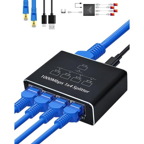 Ethernet Splitter 1 to 4, 1000Mbps High Speed Ethernet Cable Splitter with LAN Cable Cat 6 [4 Devices Simultaneous Networking], Gigabit RJ45 LAN Network Extension for Cat8/7/6/5e/5 Cable