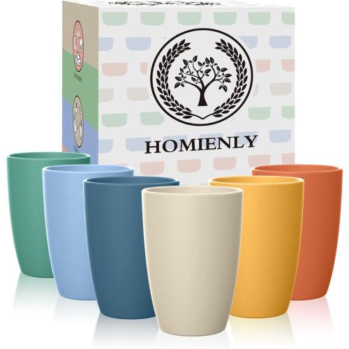Homienly Water Cups Wheat Straw Drinking Glasses Cups 12oz Unbreakable Cups,Microwave and Dishwasher Safe Cup Set,6 PCS Stackable Cups for Kitchen,Camping-Colorful