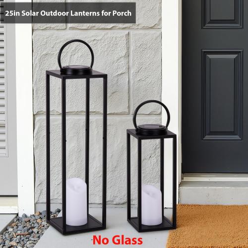Large Solar Outdoor Lanterns, 25 16 Tall Farmhouse Black Metal Waterproof Decorative Lanterns with Solar Candles for Front Porch, Patio, Christmas, Fall Decor- Set of 2