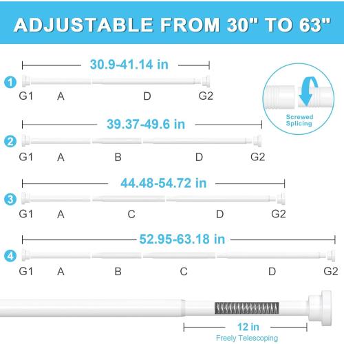 AIZESI White Tension Curtain Rod 30-63In 1PCS,Adjustable Spring Tension Rod