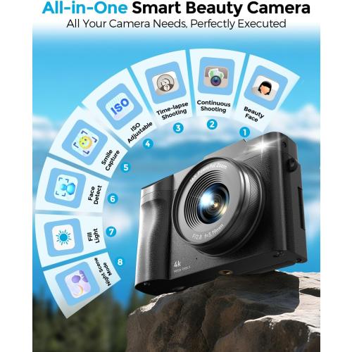 4K Digital Camera for Photography- 48MP Autofocus Vlogging Camera with 2.8 180° Flip Screen, 16X Digital Zoom- Compact Point and Shoot Camera with 64GB SD for YouTube, Travel, Beginners