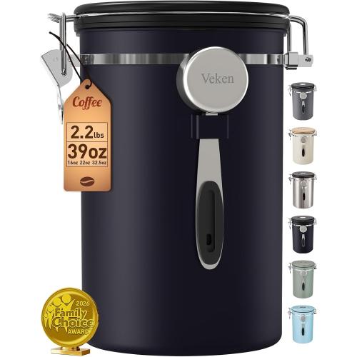 Veken Coffee Canister,39OZ, 2.2lbs,Large Airtight Stainless Steel Container