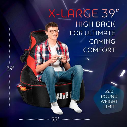 Throne Boss Gaming Bean Bag Chair Cover for Adults with High Back, Red – Large Floor Gaming Chair Cover, Easy to Clean Fabric, Large Pockets, Headphone Hanger, Requires 350 Liters Polystyrene Beans