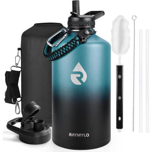 One Gallon Water Bottle Insulated, Triple Walled Vacuum Stainless Steel (Cold for 48 Hrs), Leak Proof & Non-BPA, Large Water Flask Jug with Paracord Handle & Straw Spout Lids