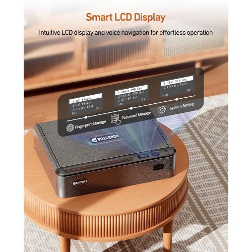 BILLCONCH Smart Gun Safe with Security Cable - Biometric Pistol Safe for Handgun 4 Ways Quick Access with Fingerprint/Keypad/Key/APP Lock, for Nightstand Bedside Home Car with LCD and Voice Guide