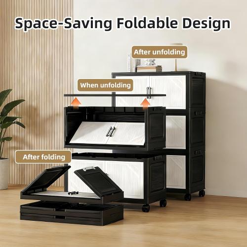 Color- black, Foldable Storage Cabinet with Doors and Wheels, 4 Tier Stackable Organizer, Freestanding Pantry Cabinet for Kitchen, Snacks, Toys, Bedroom, Home Office