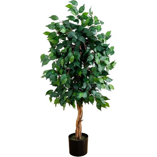Nearly Natural 4ft Triple Trunk Artificial Ficus Tree with Natural Wood Trunks, Fake Tree for Indoor Home Décor, Faux Ficus Tree with Black Nursery Pot