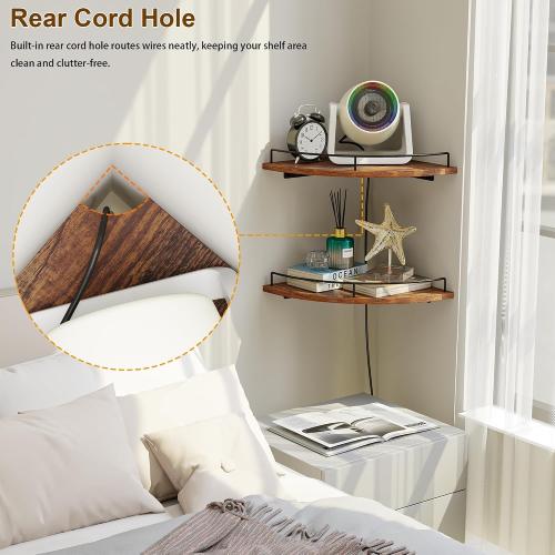 Corner Floating Shelves, Rustic Brown Wood, Set of 2, Wall Mount Storage with Guardrail for Bathroom Kitchen Living Room