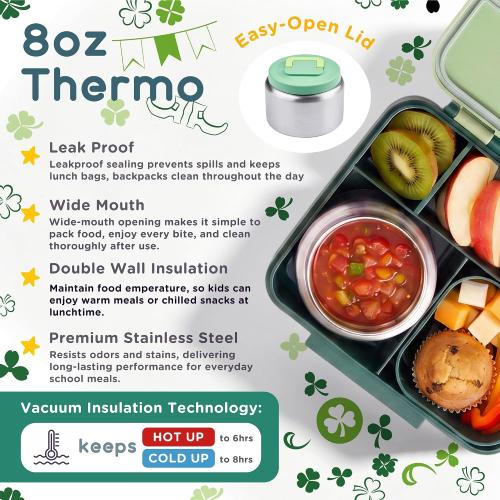 Bento Lunch Box for Kids with 8oz Soup Thermo Leak-Proof Lunch Food Containers with Snack Sauce Container for Kid Girls Boys to School, Green Bag