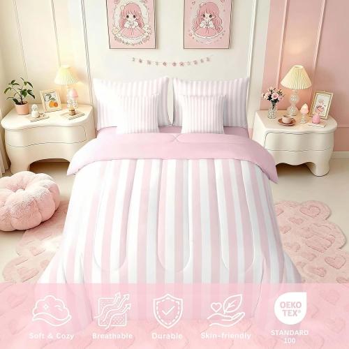 Feelyou White Pink Striped Comforter Set with Sheets 7 Piece Full Size Striped Bed in a Bag Kids Boys Girls Bedding Set Basic Simple Bedroom Decor Breathable Soft Lightweight Microfiber