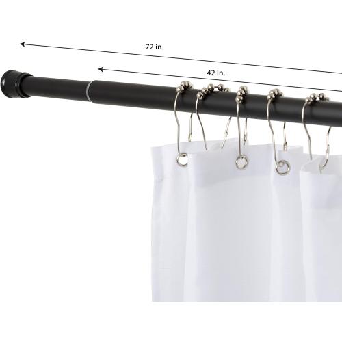Tension Curtain Rod | Spring Loaded | Adjustable Expandable 42”-76” | Bathroom Shower Rod | Closet Pole | Room Divider | No Rust | No Drilling | Matte Black
