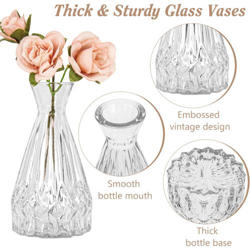 Set of 40 Glass Bud Vases, Small Clear Glass Vases in Bulk, Mini Vintage Embossed Flower Vase for Wedding, Centerpieces, Birthday Party, Home Table Decorations, Baby Shower (Clear)