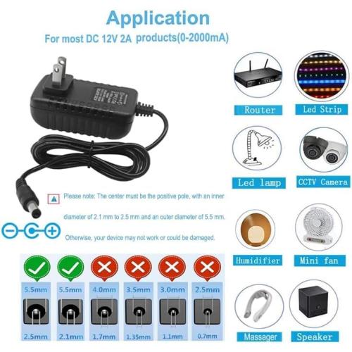 DC 12Volt 2A Power Supply Adapter 24W AC DC Wall Adapter 100-240V AC to DC 12V 2A 1.5A Power Adapter Cord Converter with 5.5mm x 2.5mm Compatible with 5.5x2.1mm Tip 12V ac/dc Transformer