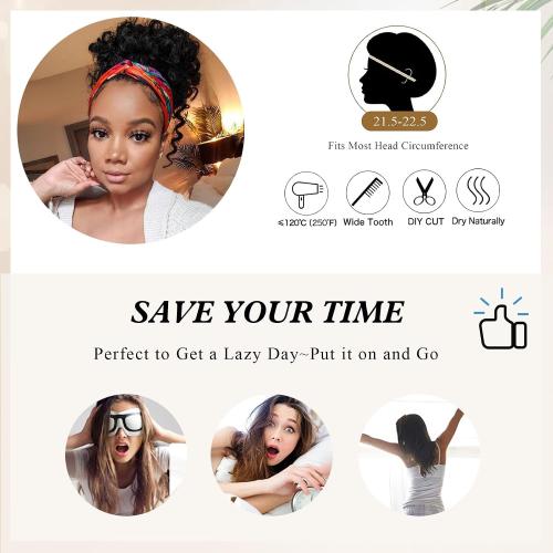 Aisaide Black Short Afro Headband Wigs for Women Synthetic Afro Kinky Curly Headband Wig with Bangs for Black Women Natural Afro Puff with Bangs Turban Wrap-Wig
