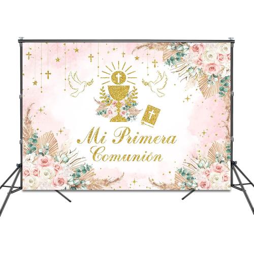 Boho God Bless Baptism Backdrop 7x5ft Pink Mi Primera Comunion Background
