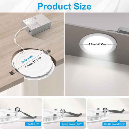 Elaruslux 6 Pack 7 Inch 3CCT Ultra-Thin LED Recessed Light with Junction Box, 3000K/4500K/6000K Selectable, 18W Eqv 125W, Dimmable Ceiling Lights 1600LM Brightness Canless Wafer Downlight