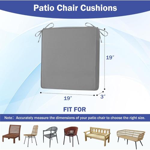 IASEAHK Patio Chair Cushions, 19 x 19 x 3 Outdoor Chair Cushions Set of 4, Waterproof Outdoor Cushions for Patio Furniture, Outdoors Seat Cushions with Handle and Ties, Light Grey