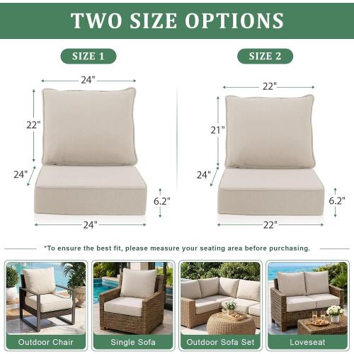 Outdoor Chair Cushions 24 x 24 x 6 Inch, 100% Olefin Patio Furniture Cushions, Water & Fade Resistant Deep Seat Replacement Set with 30D Foam and 7 Inch Back Pillow, Set of 2, Beige