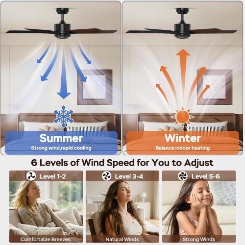 TALOYA 52 Inch Ceiling Fans with Lights and Remote Flush Mount Low Profile for Living Room Farmhouse Bedroom Patio Outdoor Dining Room,DC Motor,Reversible,Buzzer Mute,Dimmable Led Light,Rustic,Black