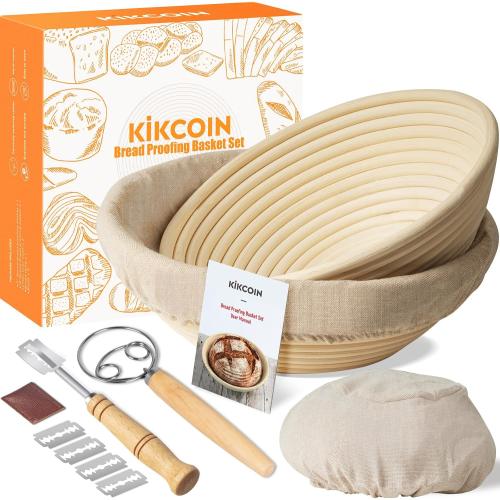 Kikcoin 9 & 10 Banneton Bread Proofing Basket Set, Round Banneton Basket for Sourdough Baking, Baking Supplies with Linen Liner, Bread Lame & Dough Whisk, Sourdough Proofing Tools