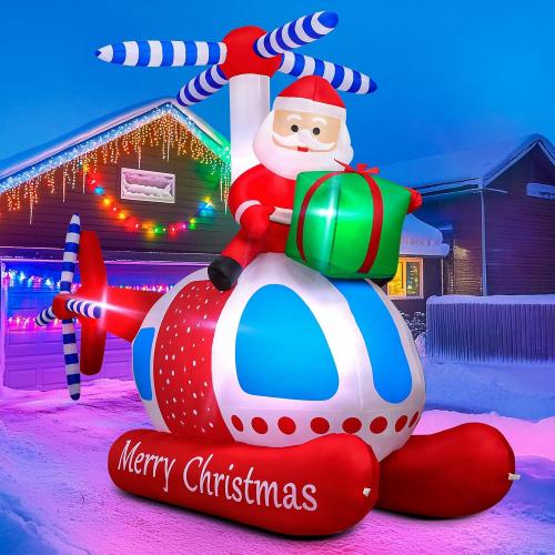 9.7 FT Christmas Inflatables Santa Helicopter Outdoor Decorations, Blow Up Santa Claus Flying Airplane with Gift Bag and Built-in LED Lights, Xmas Yard Lawn Garden Home Holiday Party Decor