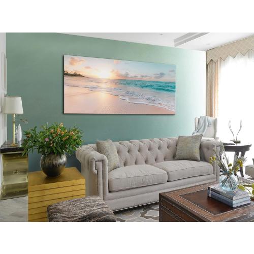 OKEXCKK Beach Canvas Wall Art - Sunset Ocean Picture Green Nature Seascape Painting Print for Kitchen, Bedroom, Living Room Decoration, Large Coastal Artwork Poster for Wall Decor 20x40
