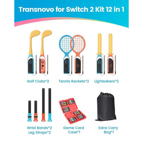 TRANSNOVO 12 in 1 Switch 2 Sports Accessories Bundle 2025 Compatible with Nintendo Switch 1/Switch OLED/Switch 2 Wii Sports Games, Family Party Accessories Kit for Joycon Controllers - With Carry Bag