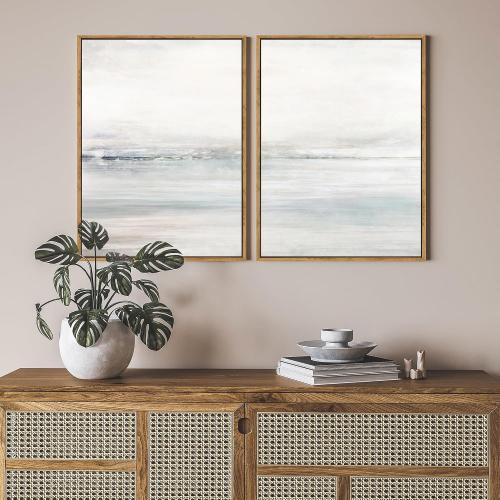 Gardenia Art Framed Wall Art Set Abstract Ocean Beach Canvas Wall Decor Nature Shore Horizon Pictures Modern Decorative Coastal Seascape Artwork for Bedroom Bathroom Home Office 12x16x2 Natural